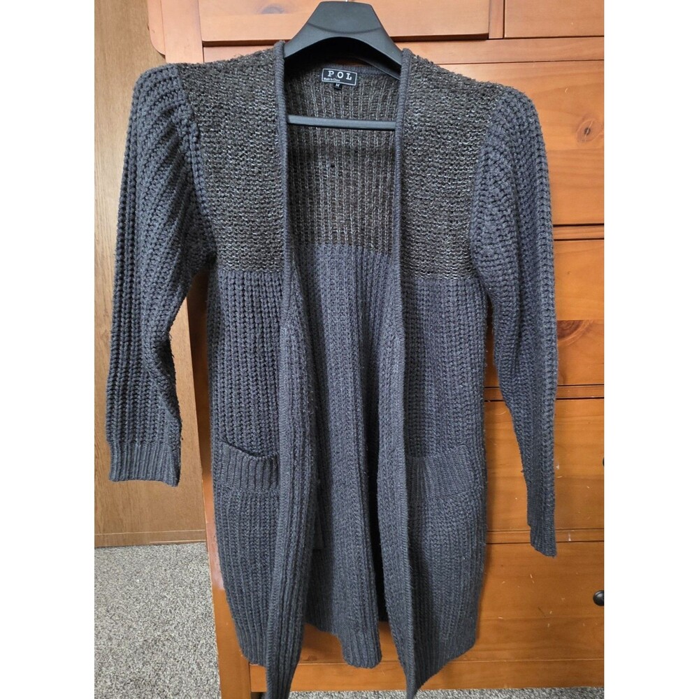 POL Sweater Long Cardigan Medium Gray Pockets Contrast Knit Cozy